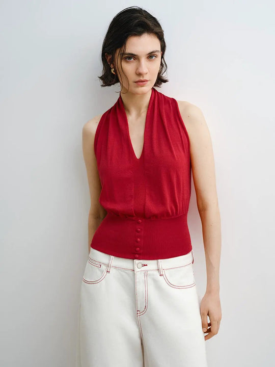 Deep V-neck Knit Lyocell Buttoned Waist Tank Top