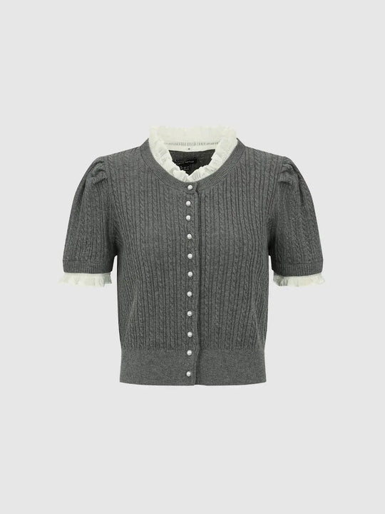 Cable Knit Frill Neck With Pearl Buttons Cardigan