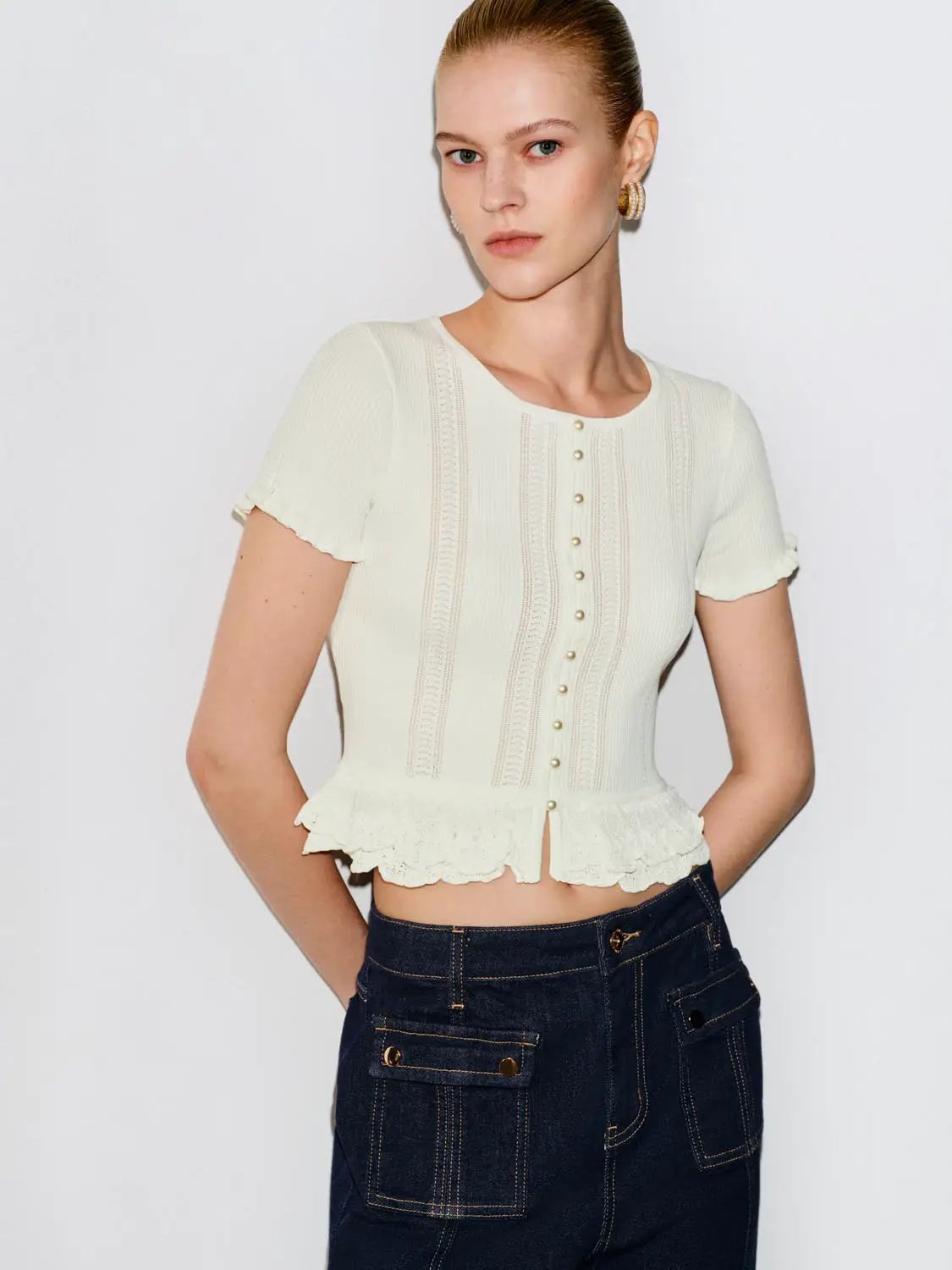Crochet Lace Hem Knit Button Front Shirt, cream short-sleeve knit top by Urban Revivo Fashion