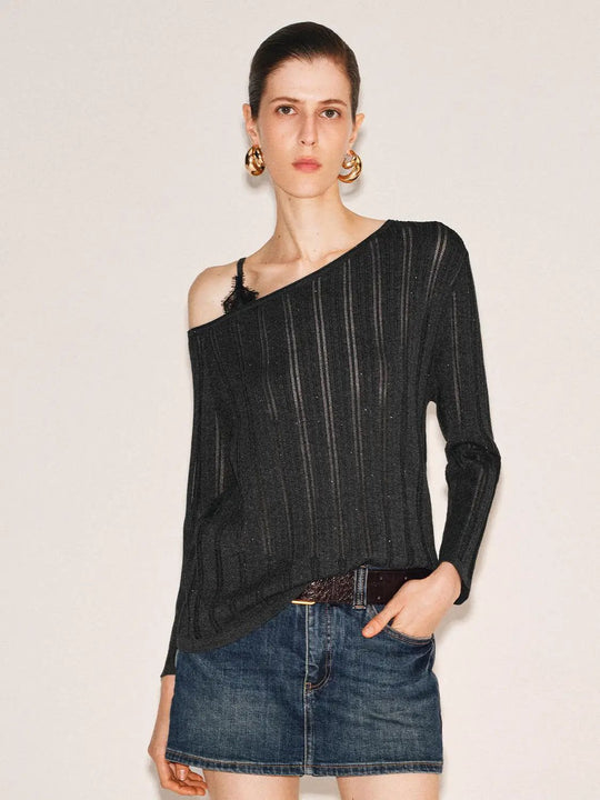 Off Shoulder Striped Knitwear Pullover