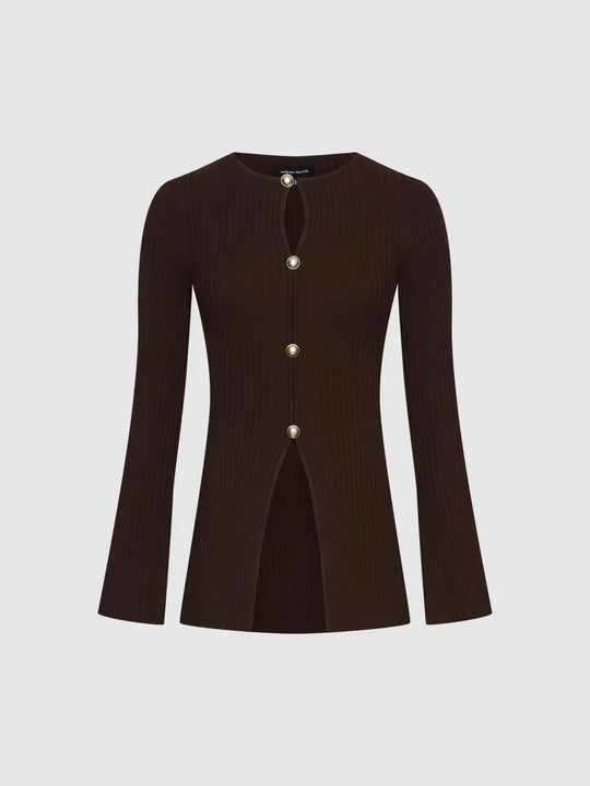 Ribbed Button Front Split Hem Long Sleeve Knit Jacket