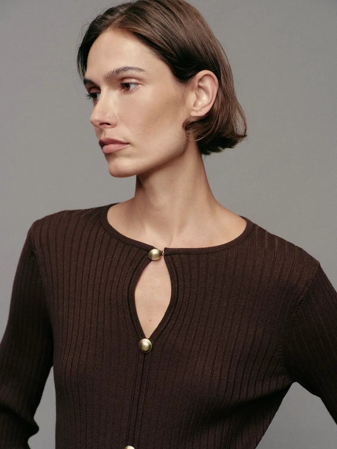 Ribbed button-front split-hem knit jacket in brown, by Urban Revivo Fashion; gold-tone buttons.