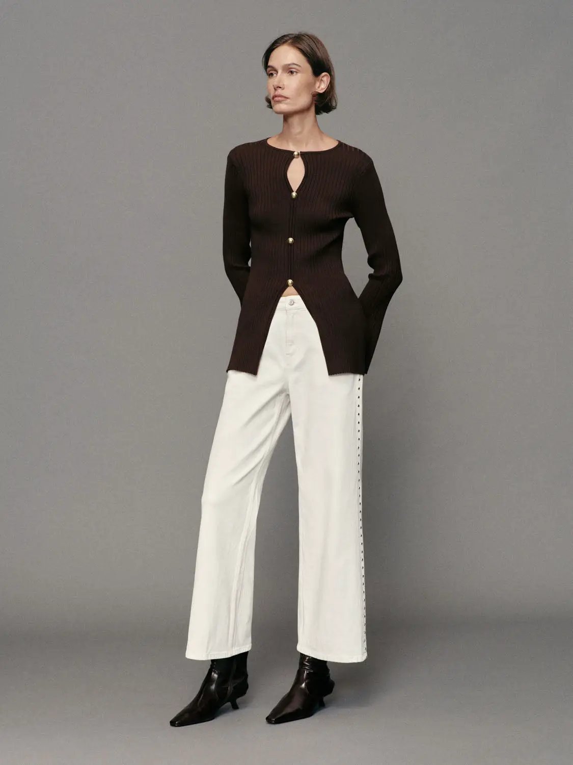 Ribbed Button Front Split Hem Long Sleeve Knit Jacket in chocolate brown with gold buttons, Urban Revivo Fashion.
