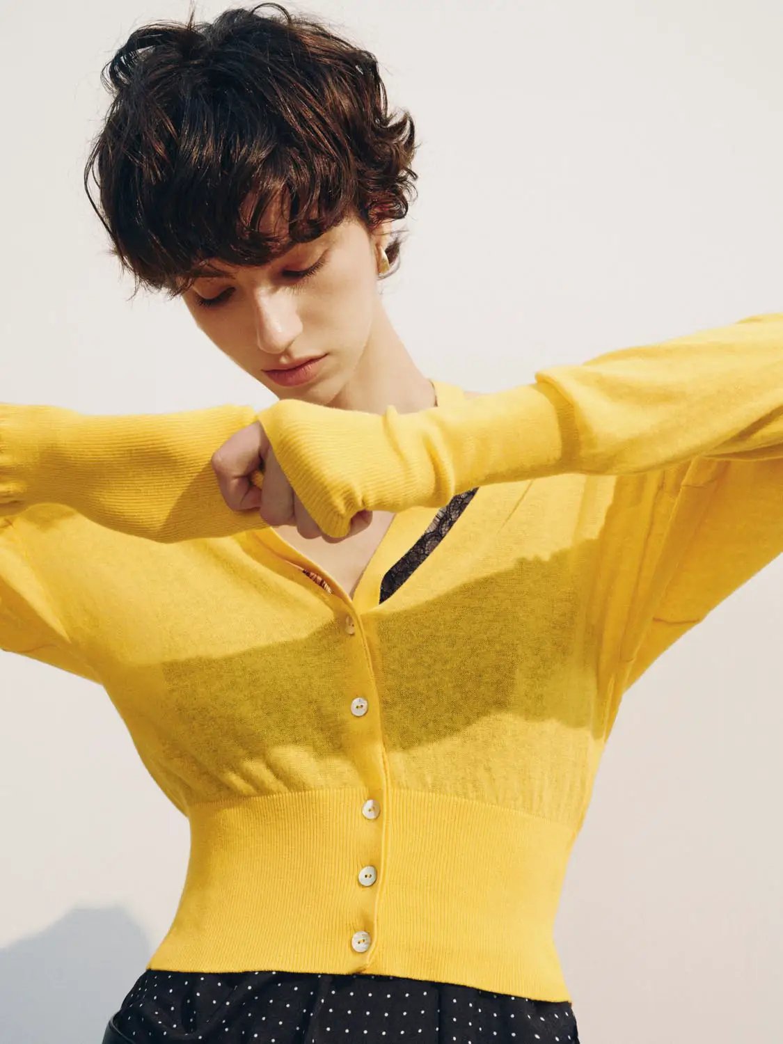 Tie Neck Cotton Long Sleeve Cardigan in yellow with button front