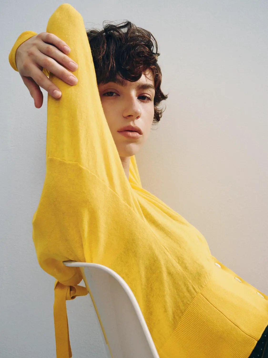 Tie Neck Cotton Long Sleeve Cardigan in bright yellow.