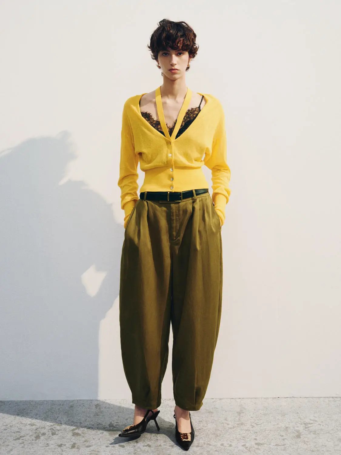 Tie Neck Cotton Long Sleeve Cardigan by Urban Revivo Fashion, bright yellow knit.