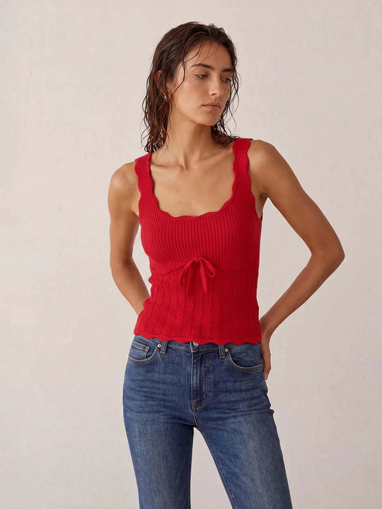 Ribbed Textured Tie Waist Scalloped Knit Cami Top