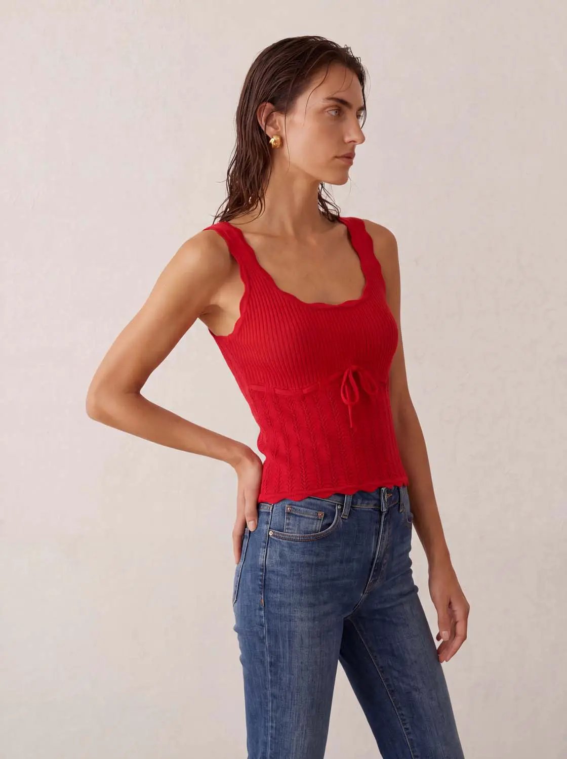 Knit T-Shirt red ribbed-knit sleeveless top with a drawstring waist.