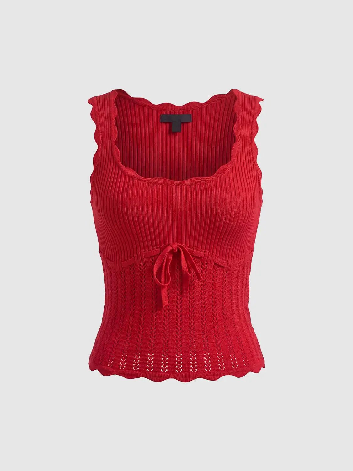 Knit T-Shirt red sleeveless ribbed top with scalloped edges and front tie waist.