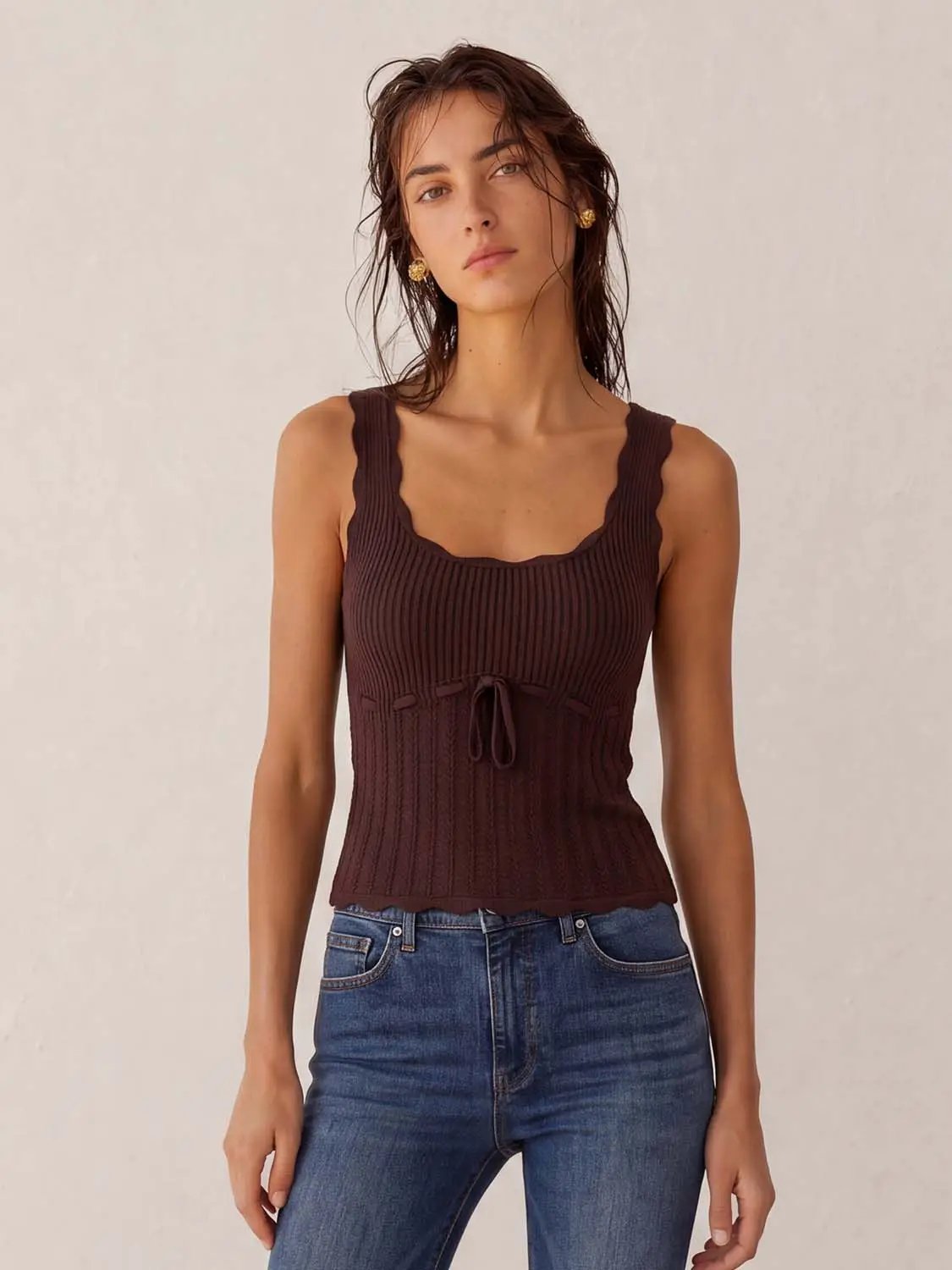 Knit T-Shirt by Urban Revivo Fashion in dark brown ribbed knit with scalloped neckline and waist drawstring