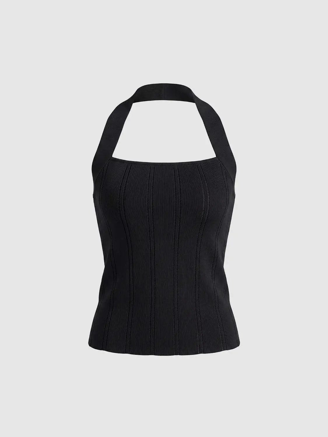 Knit T-Shirts black ribbed halter-neck top with a wide strap.