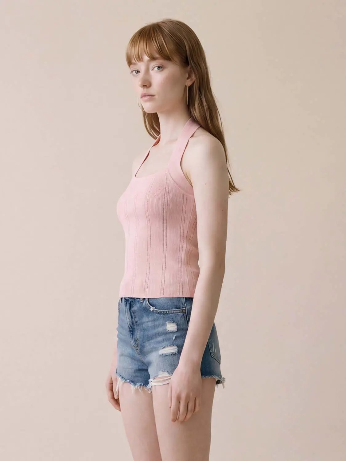 Knitted T-Shirts pink rib-knit halter-neck top worn by model