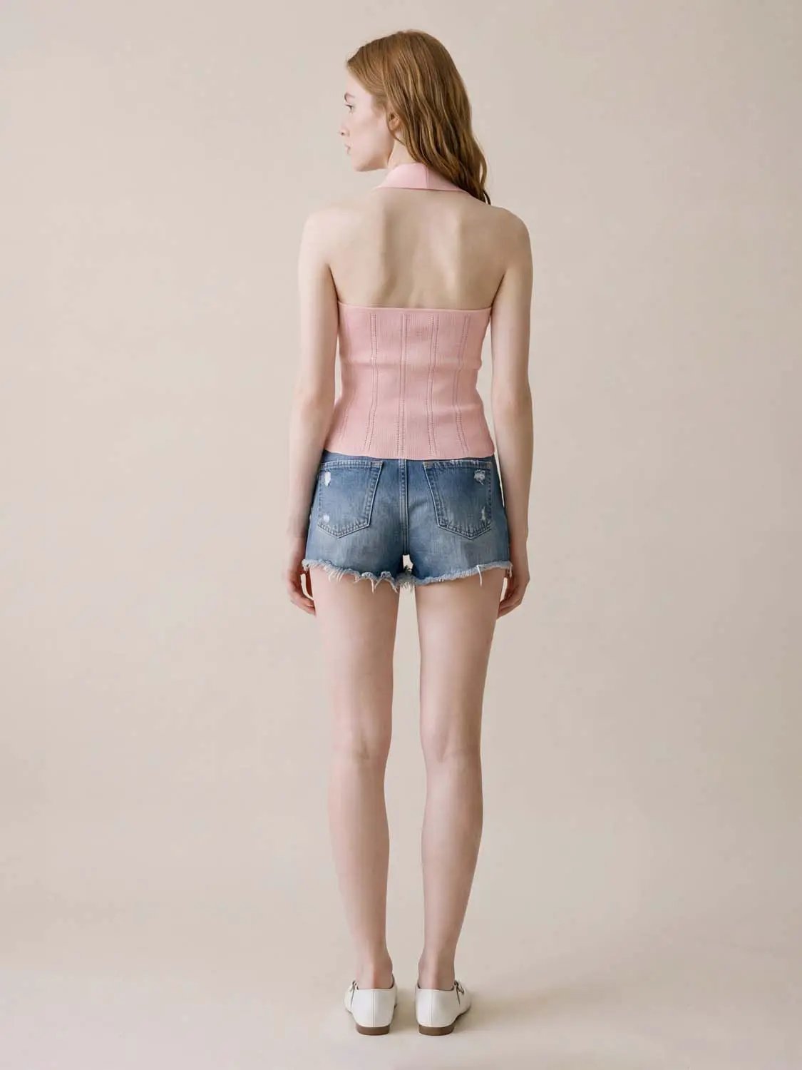 Knitted T-Shirts; pink strapless knit top with ribbed panels and denim shorts, 2-piece set