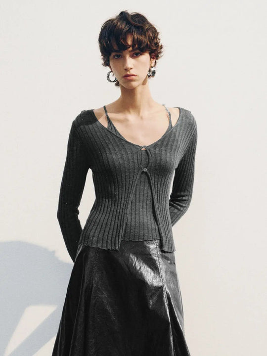 Fitted Ribbed V-neck Button Front Long Sleeve Cardigan
