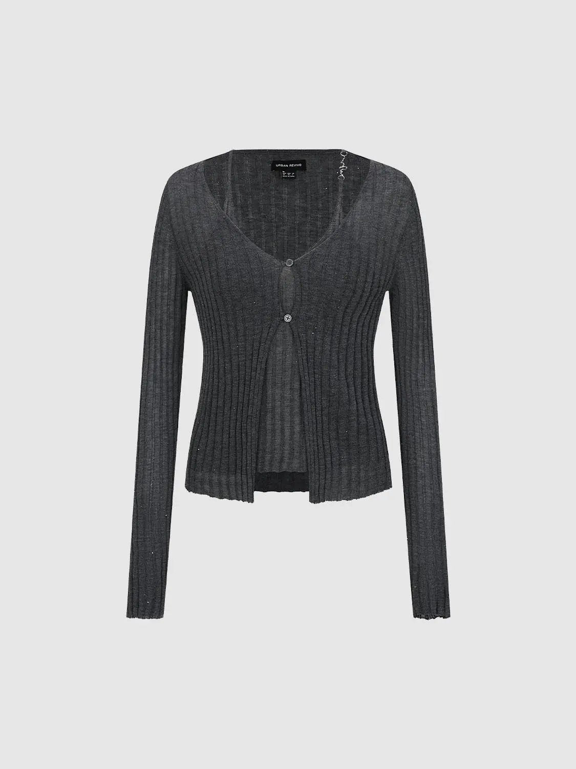 Fitted ribbed V-neck cardigan with button front; dark grey knit, Urban Revivo