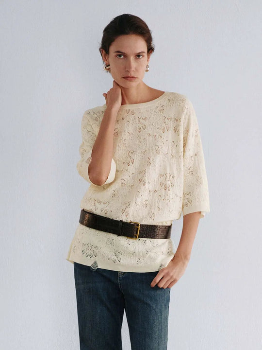 Textured Floral Crew Neck Short Sleeve Cotton Blend T-Shirt