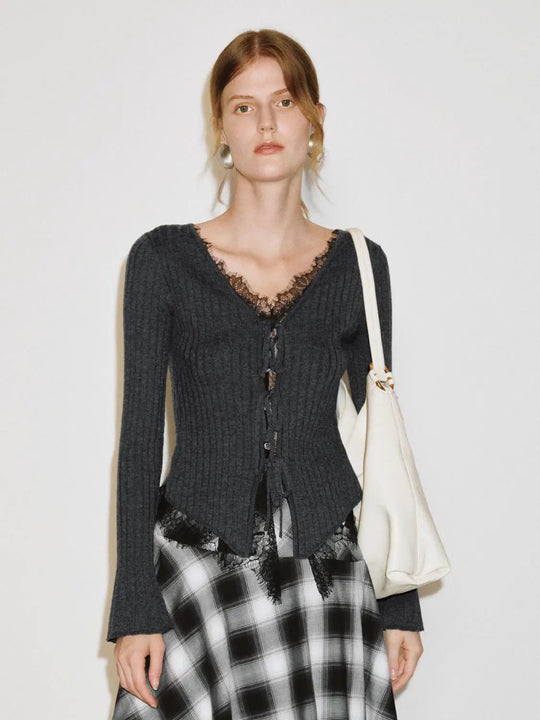 Ribbed Knit Lace Trim Cardigan