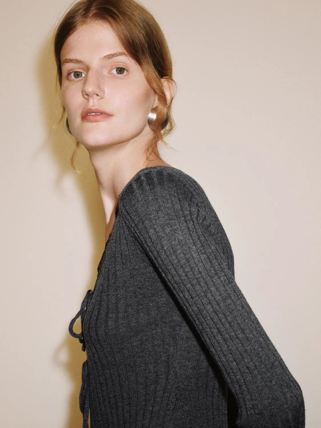 Knitted T-shirt by Urban Revivo Fashion; charcoal ribbed knit top with long sleeves