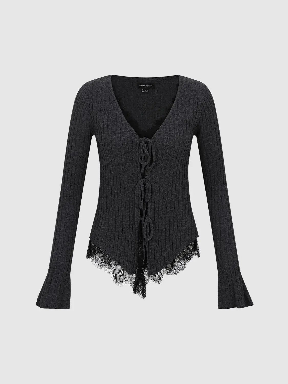 Urban Revivo knitted cardigan in charcoal rib knit with lace-trimmed hem and front lace-up ties.