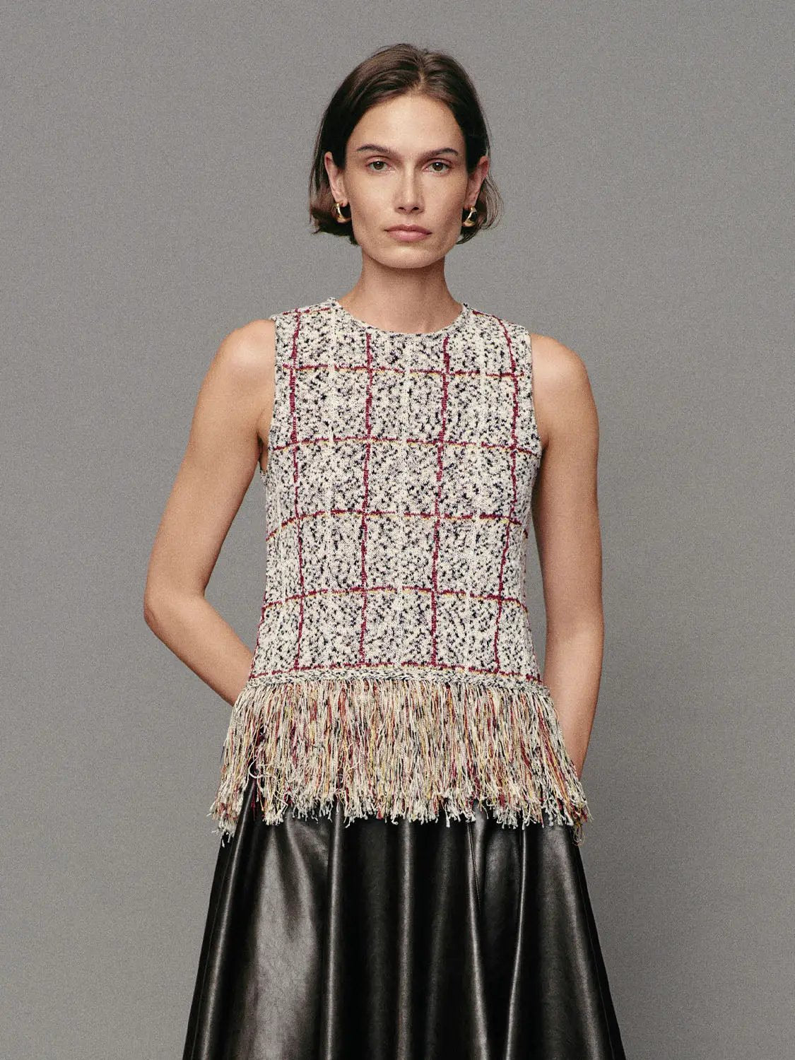 Urban Revivo Fashion cream checked fringe-hem crew-neck sleeveless knit top with red grid pattern