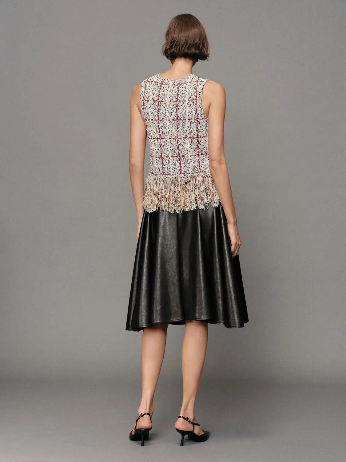 Checked Fringe Hem Crew Neck Sleeveless Knit Top, cream knit with red grid and fringe hem, back view