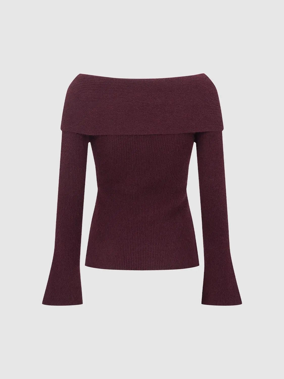 Knit Top in burgundy with off-shoulder fold-over neckline and long flared sleeves