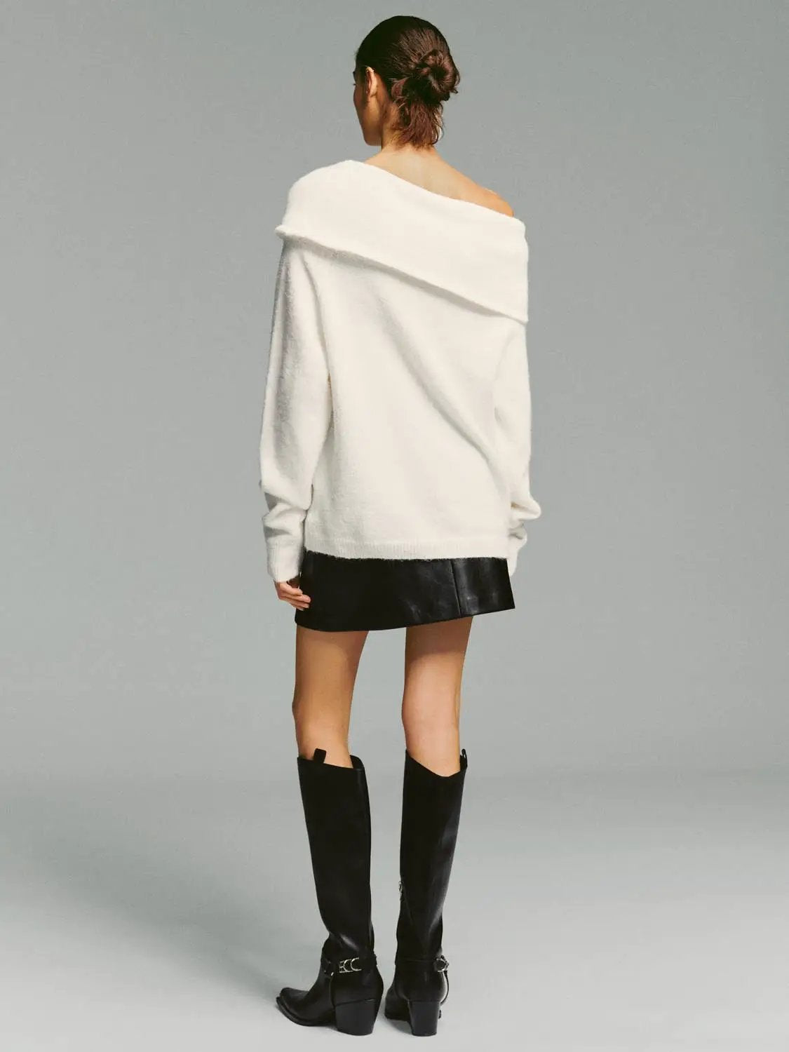 Metal Button Asymmetric Draped Long Sleeve Sweater in white knitted fabric with off-shoulder neckline