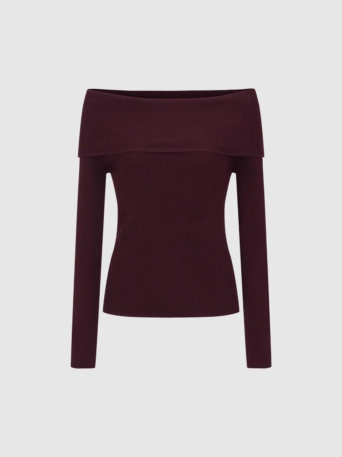 Knit T-Shirt burgundy ribbed knit with a wide folded off-shoulder neckline and long sleeves