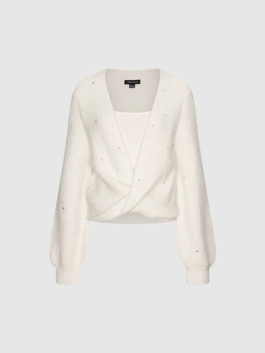 Embellished Wrap Front Long Sleeve V-Neck Textured Ribbed Cropped Knit Sweater