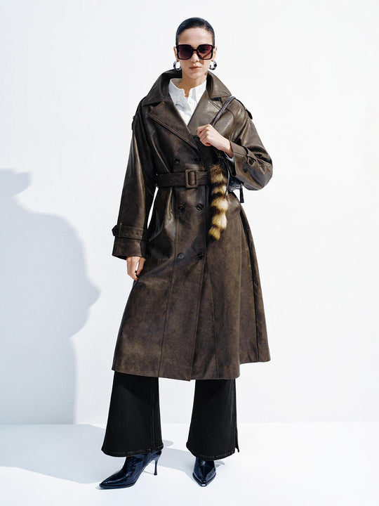 Faux Leather Belted Oversize Trench Coats