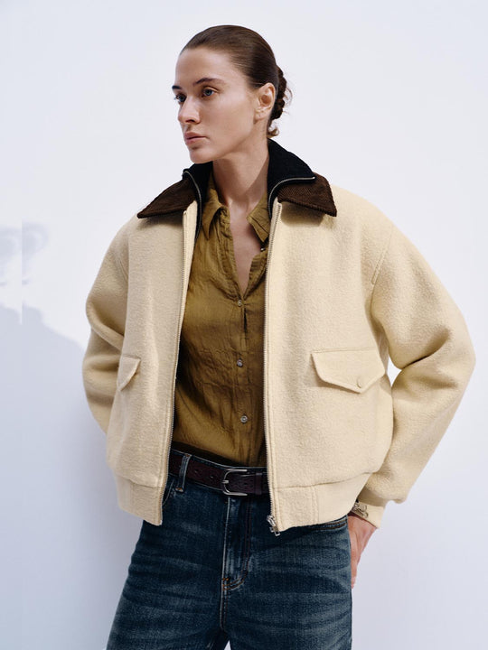 Wool Blend Flap Pockets Contrast Collar Bomber Jackets