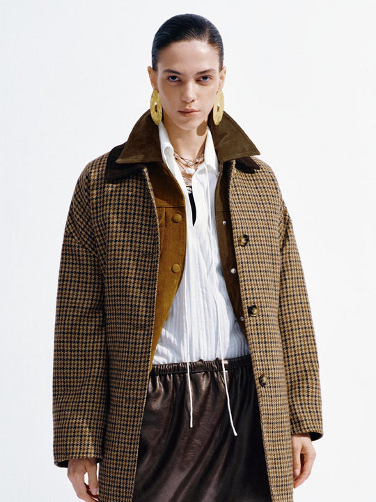 Contrast Collar Belted Check Coats
