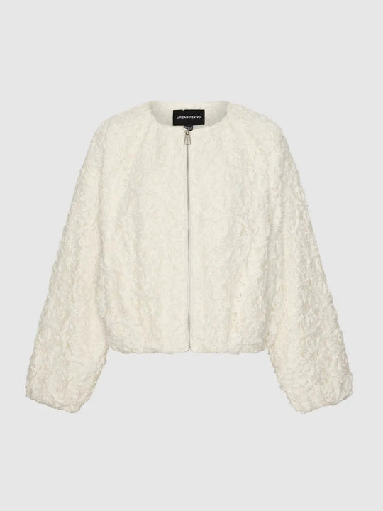 Fluffy Crew Neck Zip Up Jackets