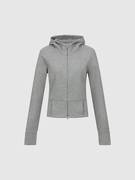 Giacca con cappuccio in misto cotone grigio mélange, aderente, con zip frontale