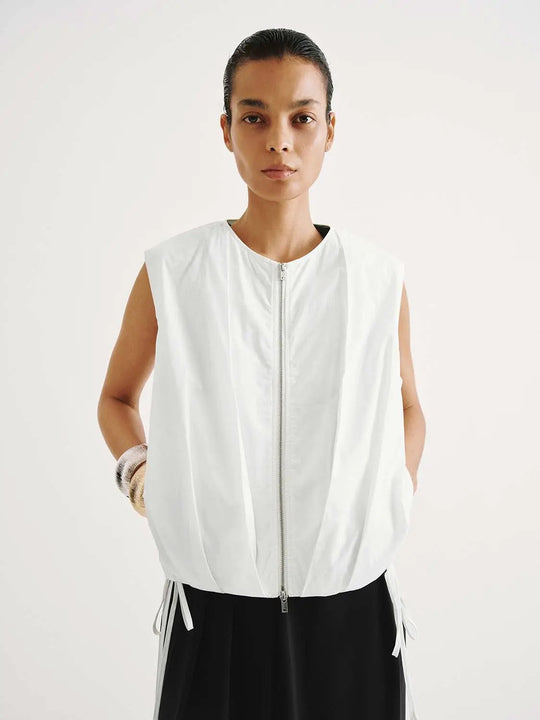 Zip Front Sleeveless Drawstring Hem Lightweight Cotton Shell Vest