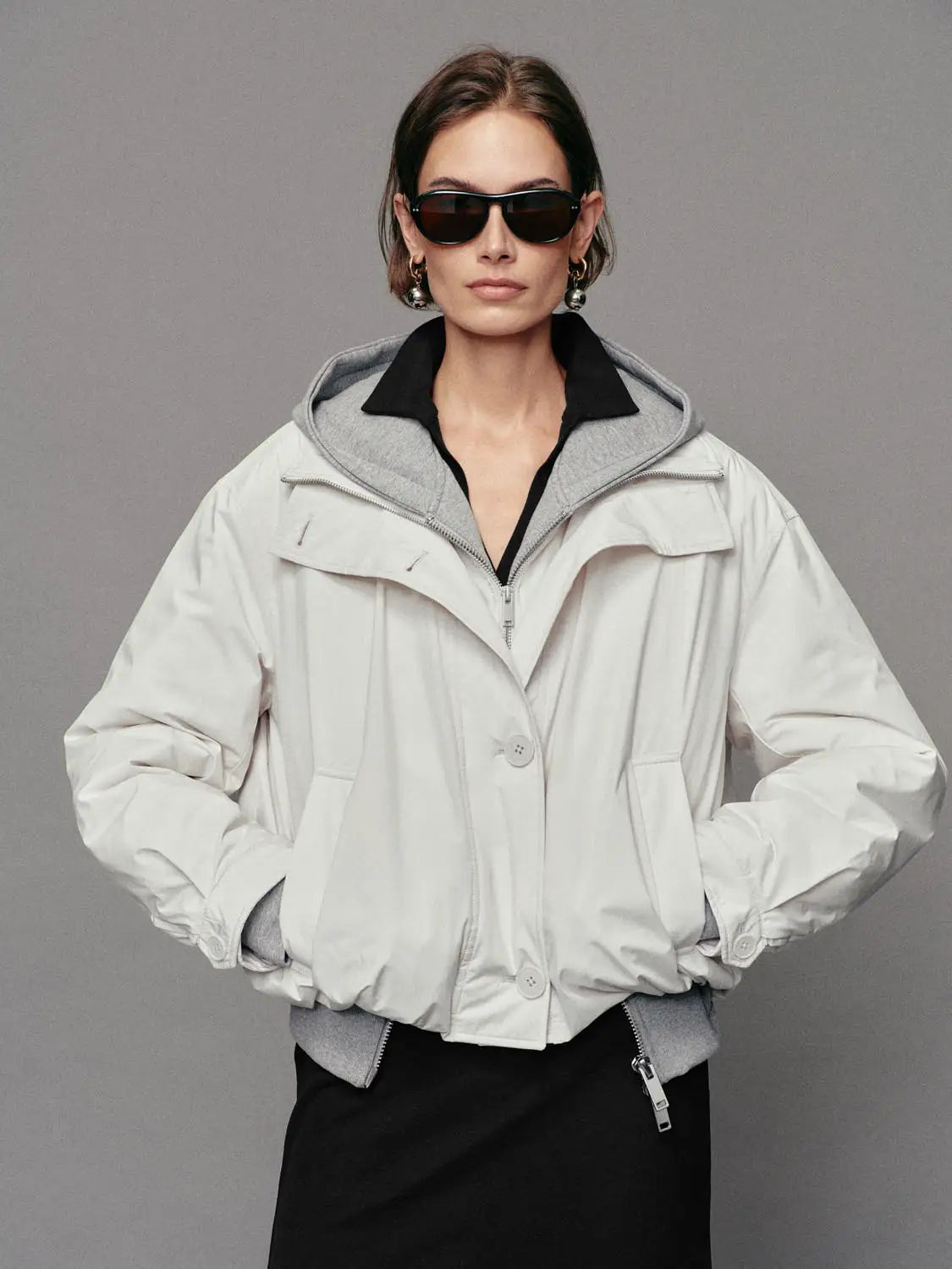 Urban Revivo Down Jacket white oversized puffer with grey hood lining and front zipper.