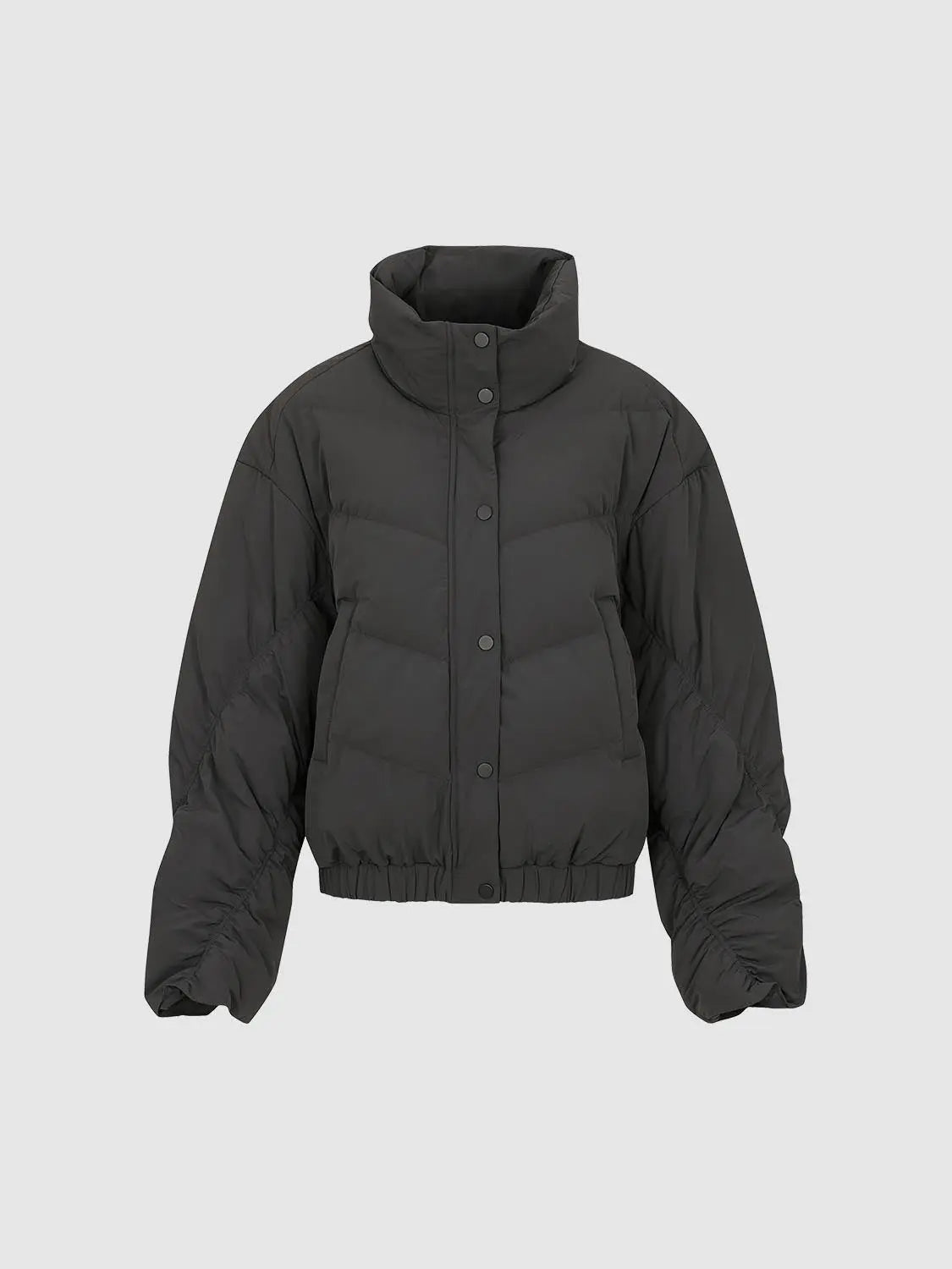 Down Jacket in black, quilted cropped puffer with high collar and front snap buttons.