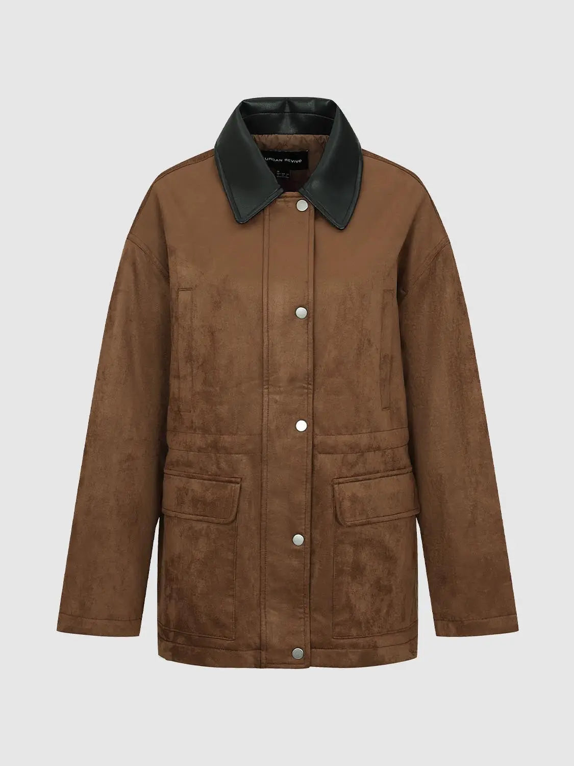 Padded jacket, brown suede-like exterior with black collar, Urban Revivo Fashion front snap closure and pockets