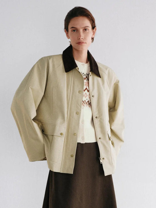 Contrast Collar Oversized Long Sleeve Cotton Jacket