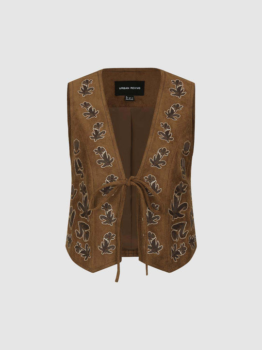 Gilet marrone con cintura annodata e motivo di foglie ricamato