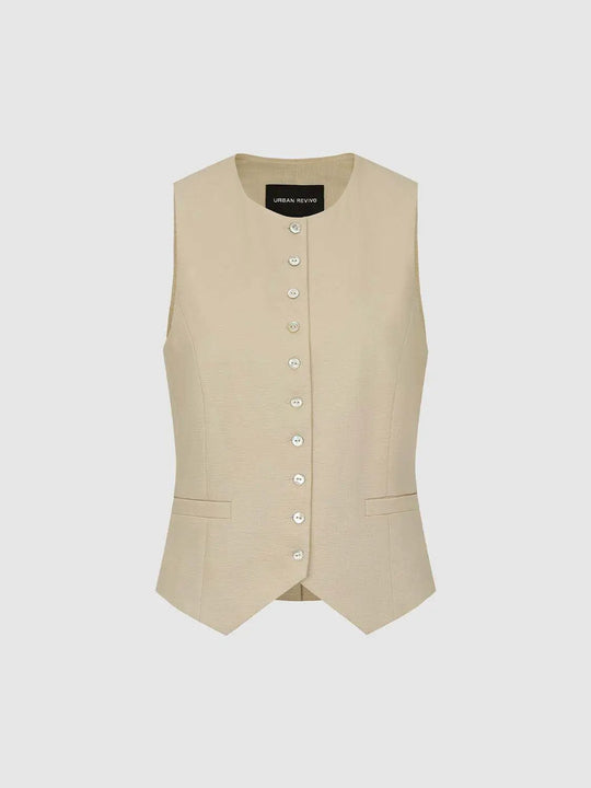 Button Front Tailored Sleeveless With Pockets Vest