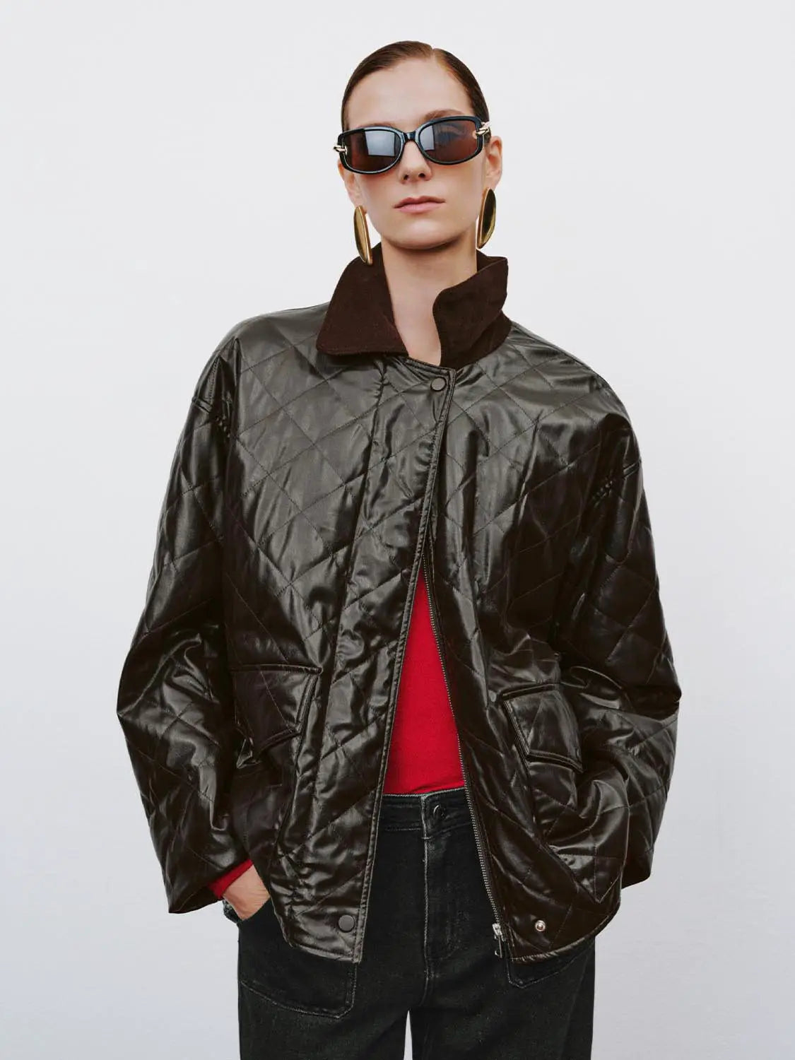 Padded Jacket Urban Revivo Fashion, black quilted outerwear with brown collar