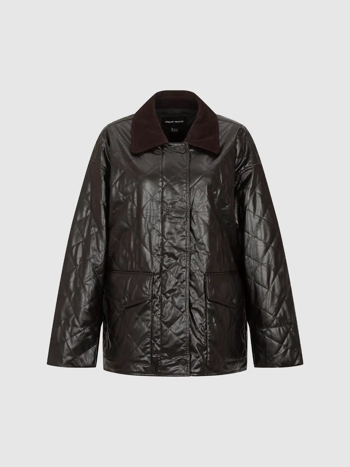 Padded Jacket Urban Revivo dark quilted with brown corduroy collar and front pockets.