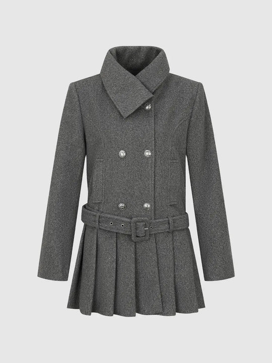Textured Double-breasted Pleated Belted Long Sleeve Jacket