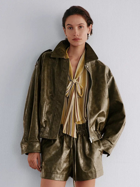 Gathered Oversized Shirt Collar Long Sleeve Jacket