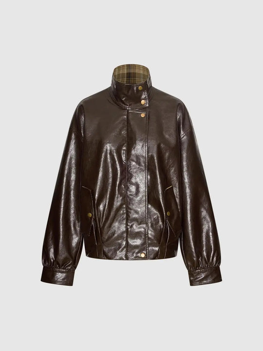 Checked Lined Button Front Long Sleeve Stand Collar Jacket