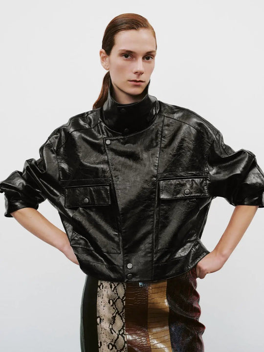 Textured High Neck Short Sleeve Patch Pocket Jacket