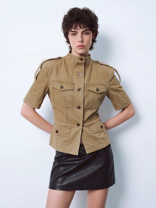 Tailored Utility Mandarin Collar Short Sleeve Jacket
