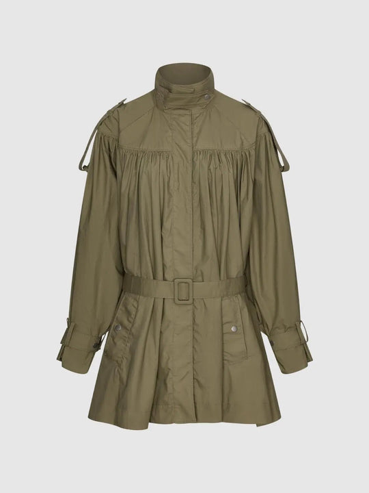 Gathered Panel Long Sleeve Belted Cotton Trench Coat