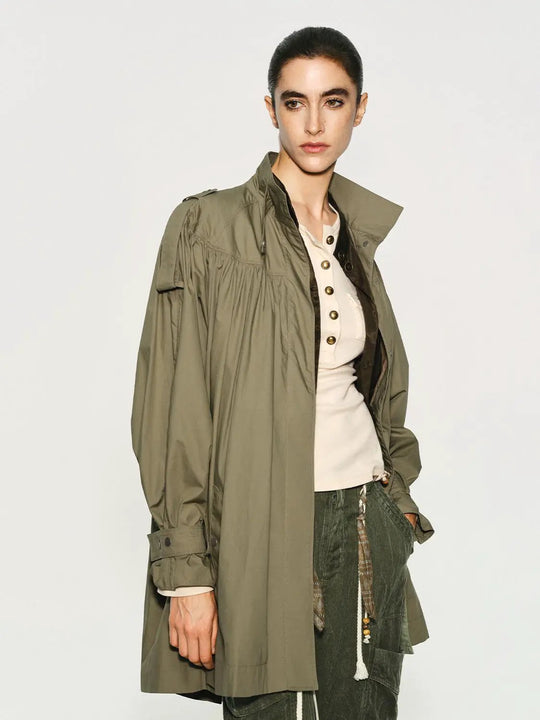 Gathered Panel Long Sleeve Belted Cotton Trench Coat